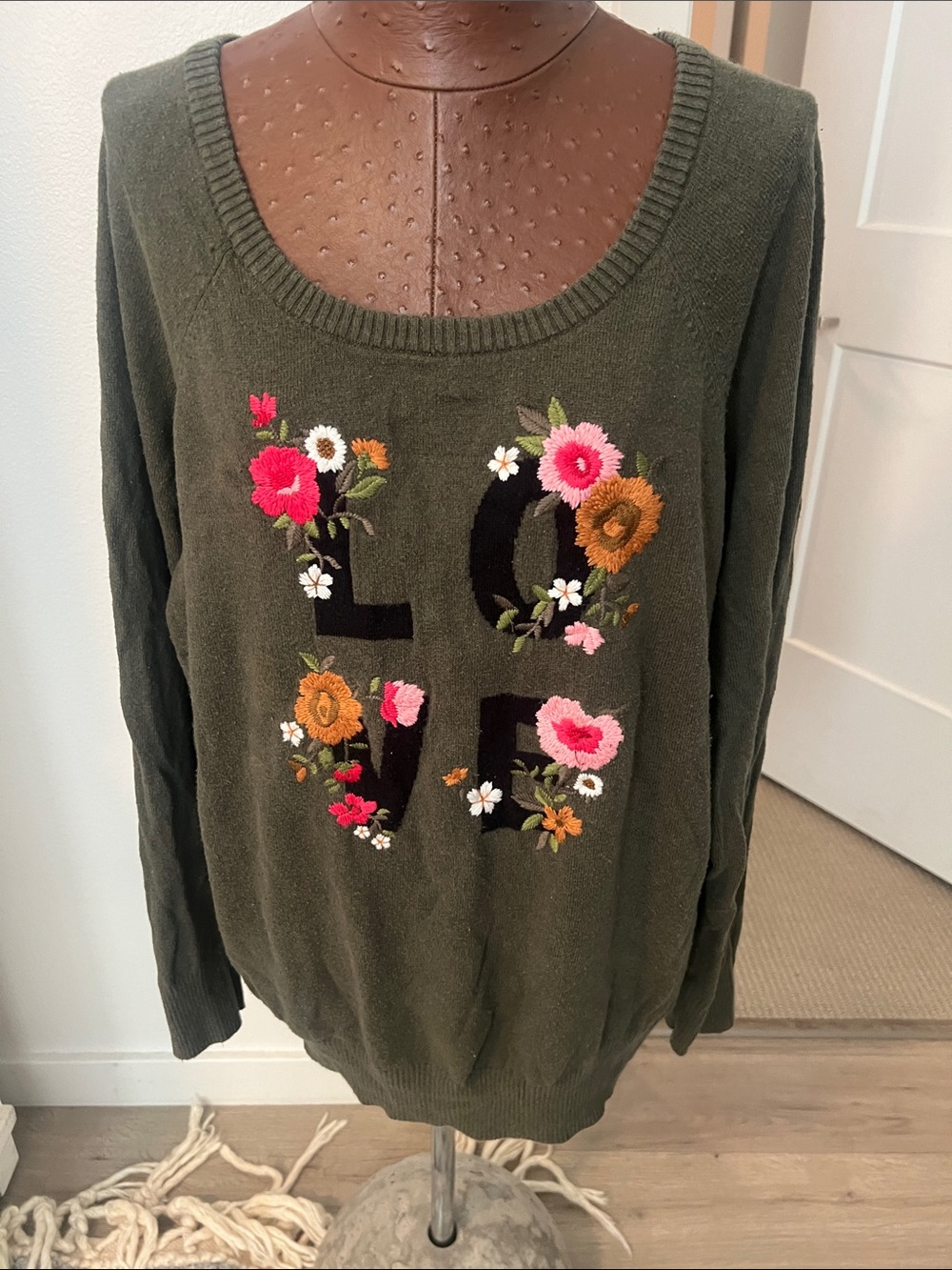 Torrid Olive Floral Appliqué Scoop Neck Sweater